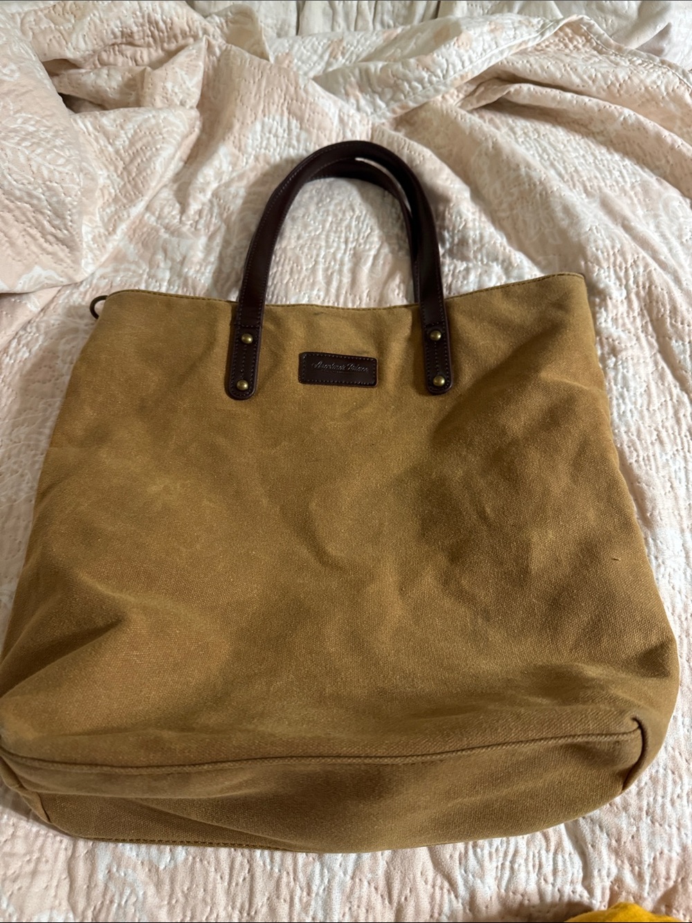 Canvas Tote Bag with Brown Leather Handles - Tan